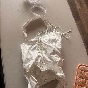 iHeartRaves White Lace-Up Bodysuit